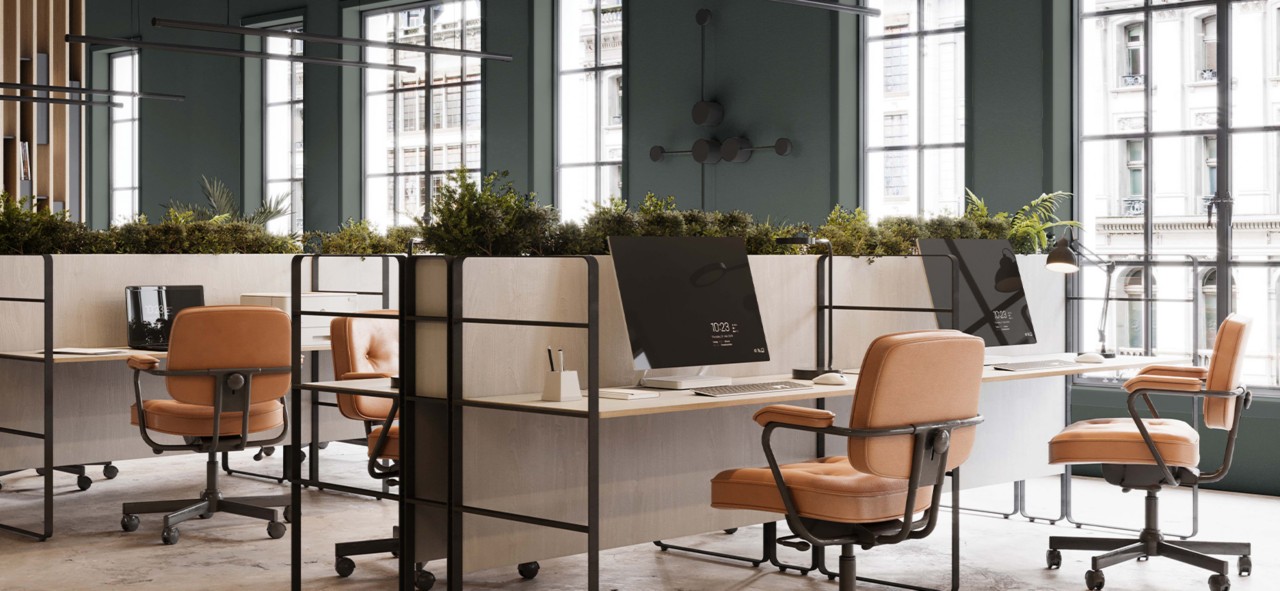 A modern office space with large windows and walls painted with Homburg Gray SW 7622 (238-C7).