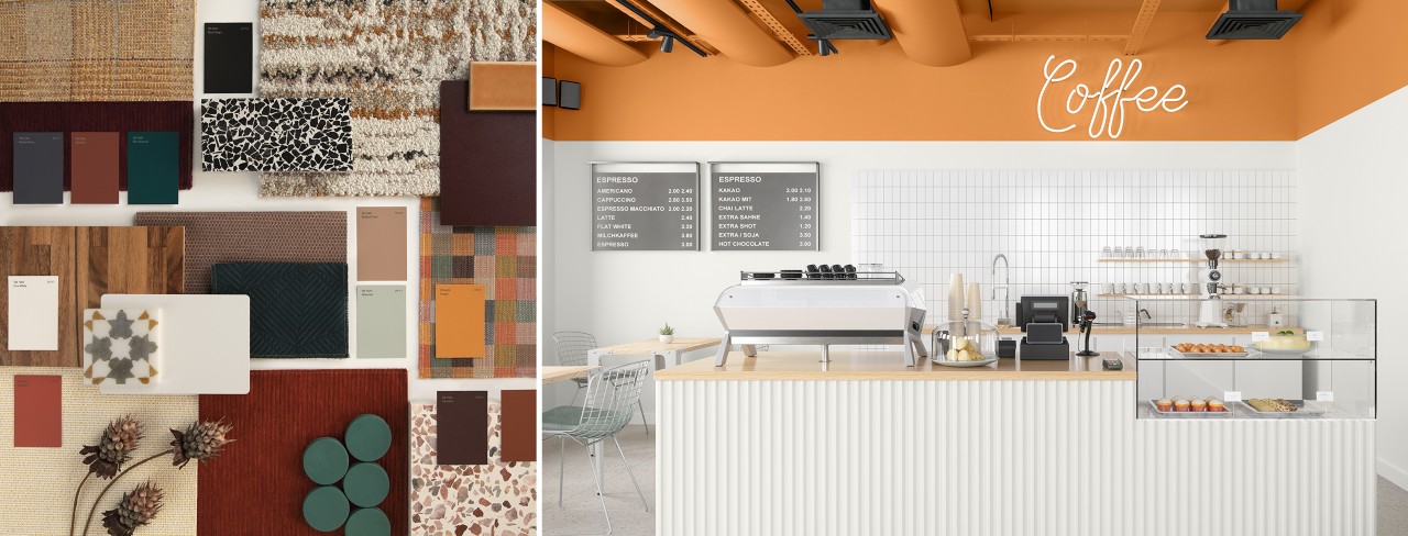 A variety of colorful color panels, fabric, cloths and rugs. A café with bright white walls and an orange ceiling.