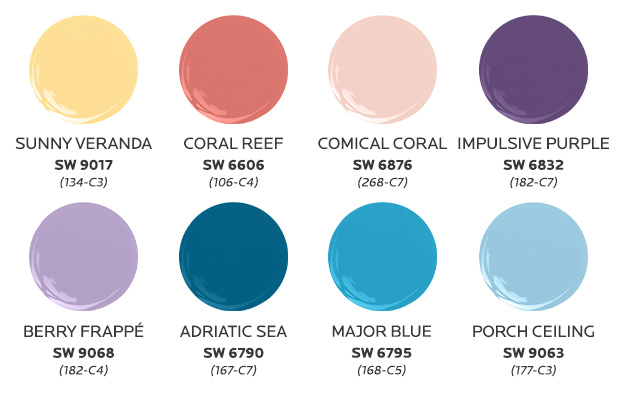 Sunny Veranda SW 9017, Coral Reef SW 6606, Comical Coral SW 6876, Impulsive Purples SW 6832, Berry Frappé SW 9068, Adriatic Sea SW 6790, Major Blue SW 6795 and Porch Ceiling SW 9063.