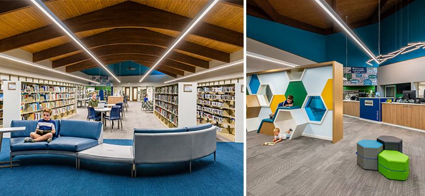 Four Point Design Partners renovated the Indianapolis Public Library Wayne Branch children’s area in Westhighland White SW 7566 (255-C3), Mindful Gray SW 7016 (244-C2), Manitou Blue SW 6501 (174-C5), Indigo SW 6531 (178-C7), and Cilantro SW 6453 (158-C6). Photo by Michael Firsich.