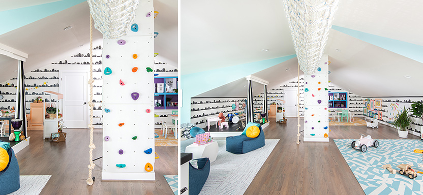 An attic playroom is elevated to the level of high style through the use of Aquaverde SW 9051 (170-C3), Black Magic SW 6991 (251-C3), Greek Villa SW 7551 (254-C1), and Coral Reef SW 6606 (108-C4).