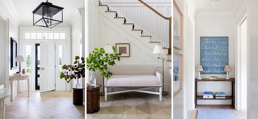 Three images. One of an entrance to a home. One with a bench in front of stairs. And one with a table with lamps on it at the end of a hallway. All walls painted with SW 9581 Cotton.