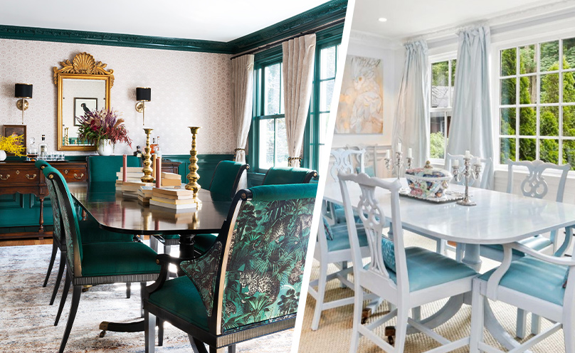 Pictures of striking dining room color transformations.