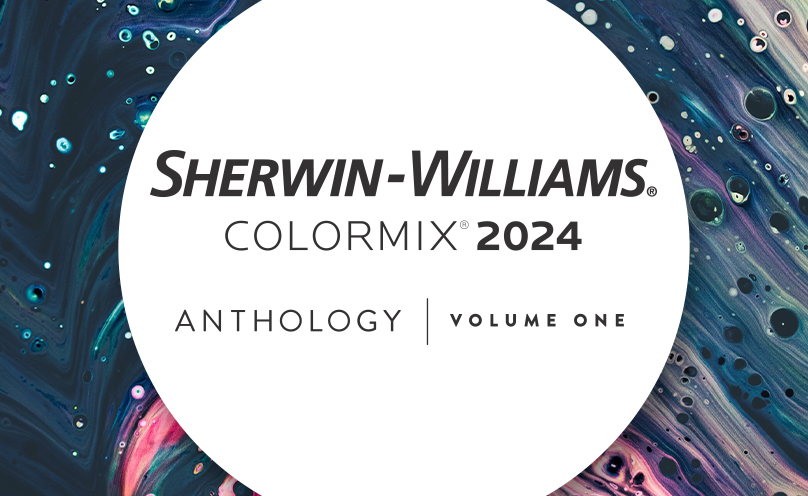 Sherwin-Williams Colormix 2024 logo for Anthology: Volume One in a white circle with a background of swirling multicolored paint.