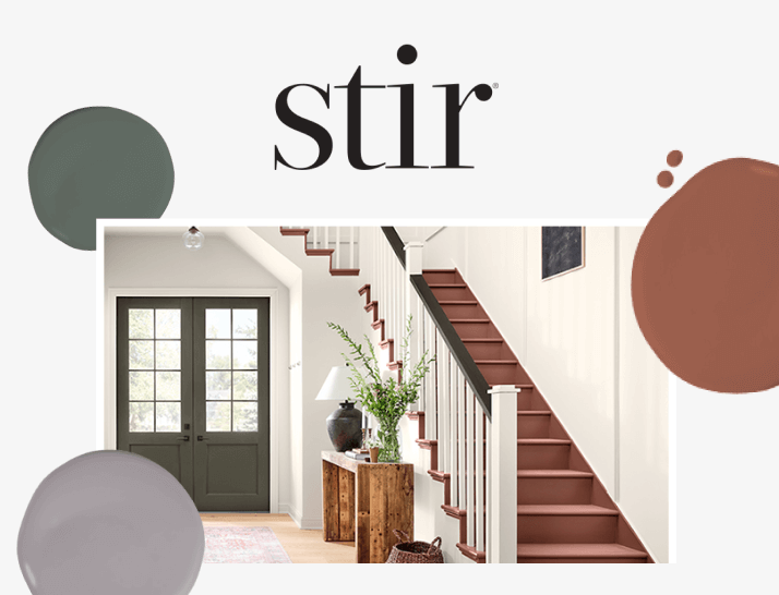 Stir. An entrance to a house with green French doors and stairs. A living purple/gray room with a fireplace.