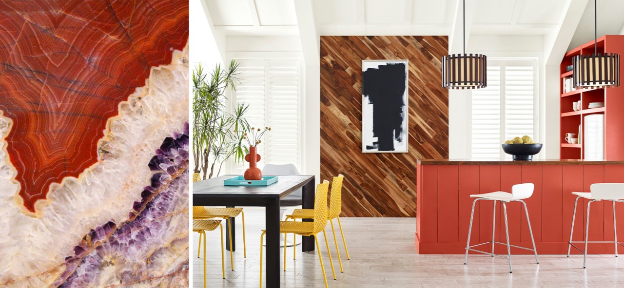 (left) red, white, and purple colors with texture (right) bright kitchen with coral bar, big windows, wooden wall accent, and kitchen table with yellow chairs.