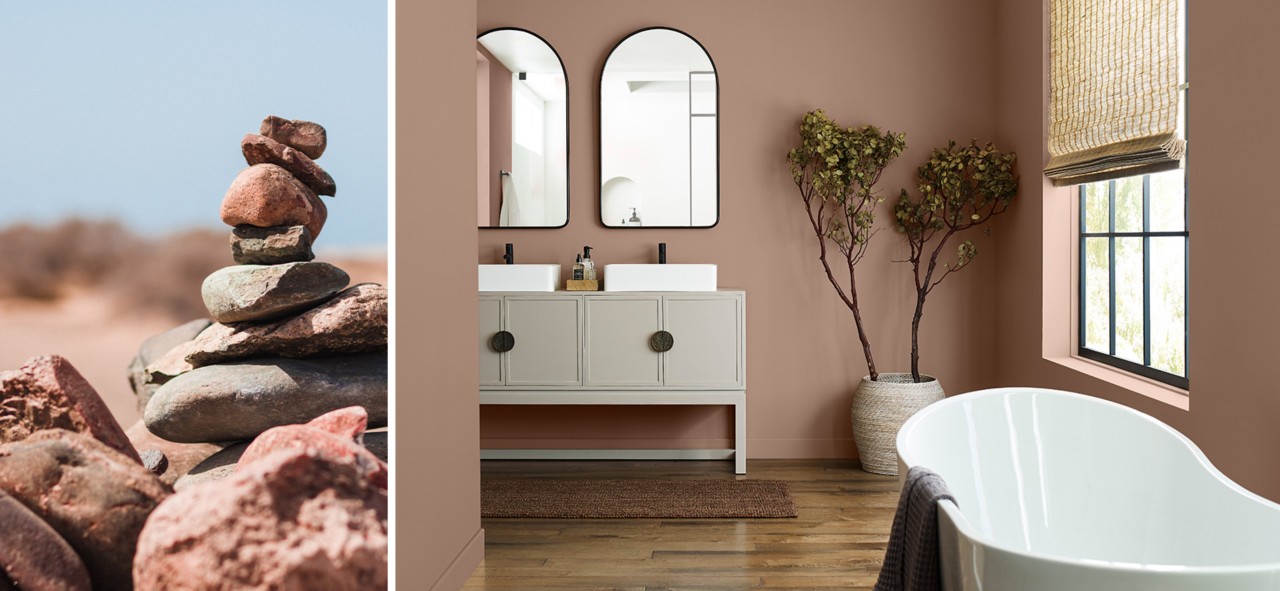 (left) rocks stacked on top of each other (right) redend point walls in a bathroom with minimal neutral accents.