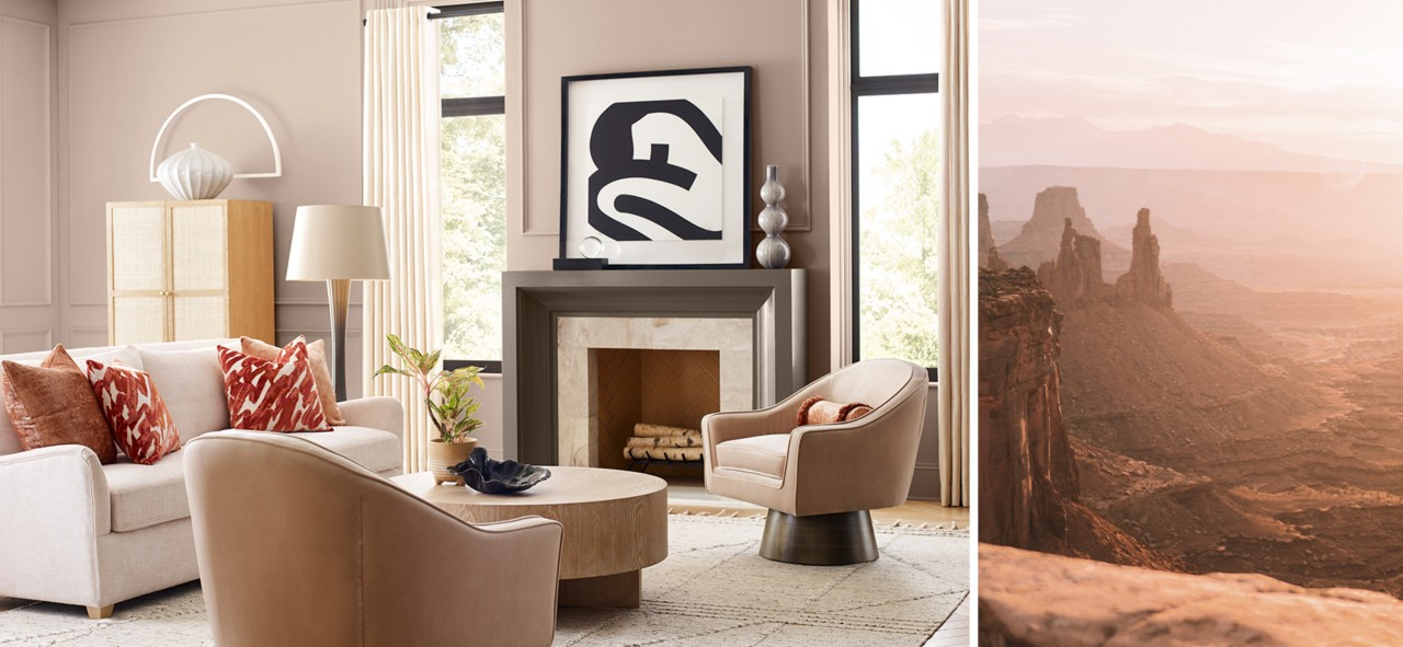 (left) living room with neutral furniture, walls, decor and natural light (right) image of desert with rosy clouds.