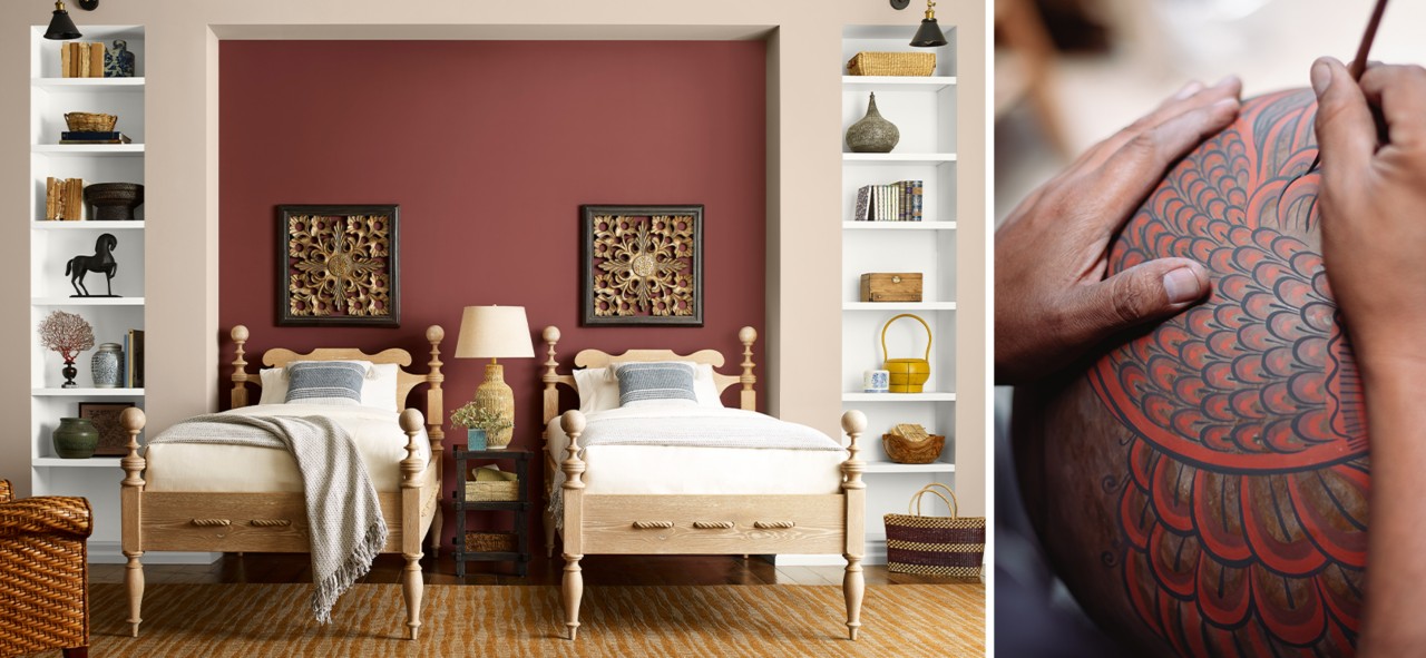 (left) bedroom with two twin beds in front of a maroon wall and surrounded by bookshelves with decor (right) someone painting a design on an object.
