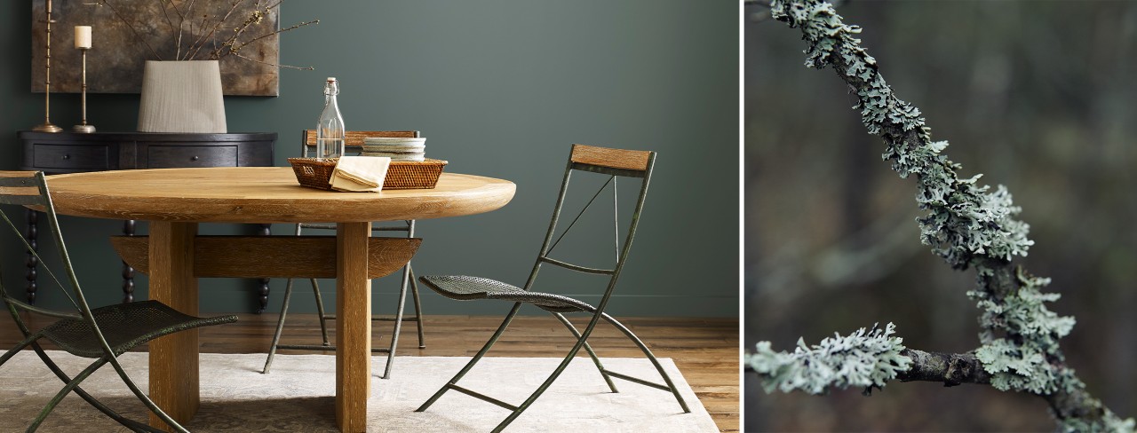 (left) green walls with wooden table, metal slender chairs, and neutral decor (right) branch with natural greenery on it.