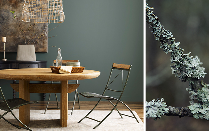 (left) green walls with wooden table, metal slender chairs, and neutral decor (right) branch with natural greenery on it.