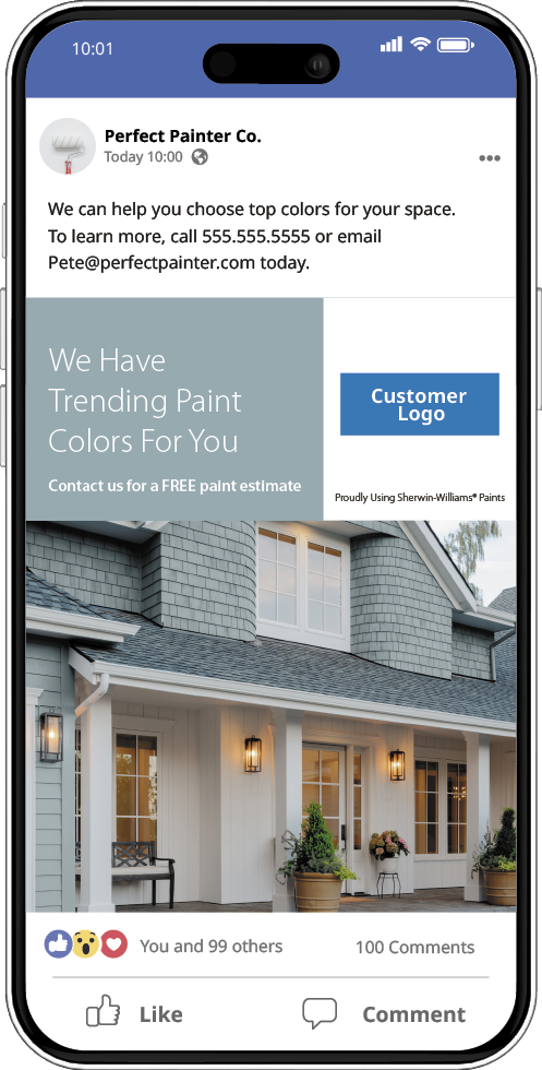 A Facebook social post with an image of a house with a white porch and gray shingles with the text, "We have trending paint colors for you. Contact us for a free paint estimate."