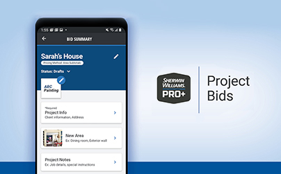 A smart phone with a Sherwin-Williams Pro Plus Project Bid displayed.
