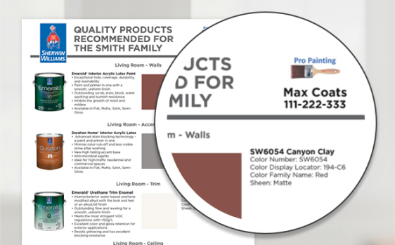 A product recommendation sheet highlighting a specific paint color.