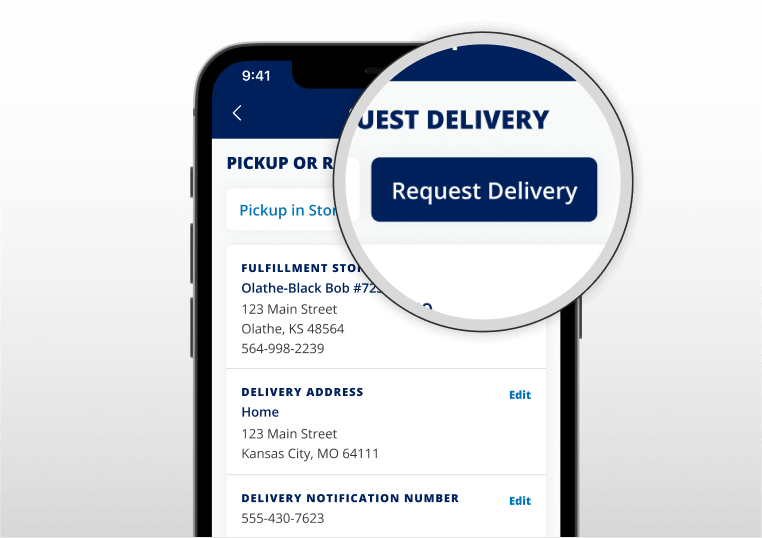 A smart phone showing the delivery request screen with the button for Request Delivery featured.