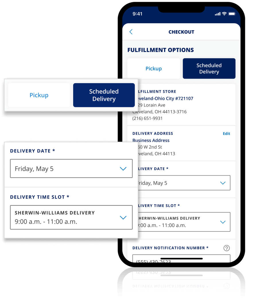 A checkout screen using Scheduled Delivery in the Sherwin-Williams PRO+ App.