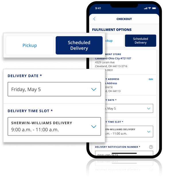 A checkout screen using Scheduled Delivery in the Sherwin-Williams PRO+ App.
