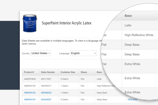 An example of a product data sheet with a section magnified.