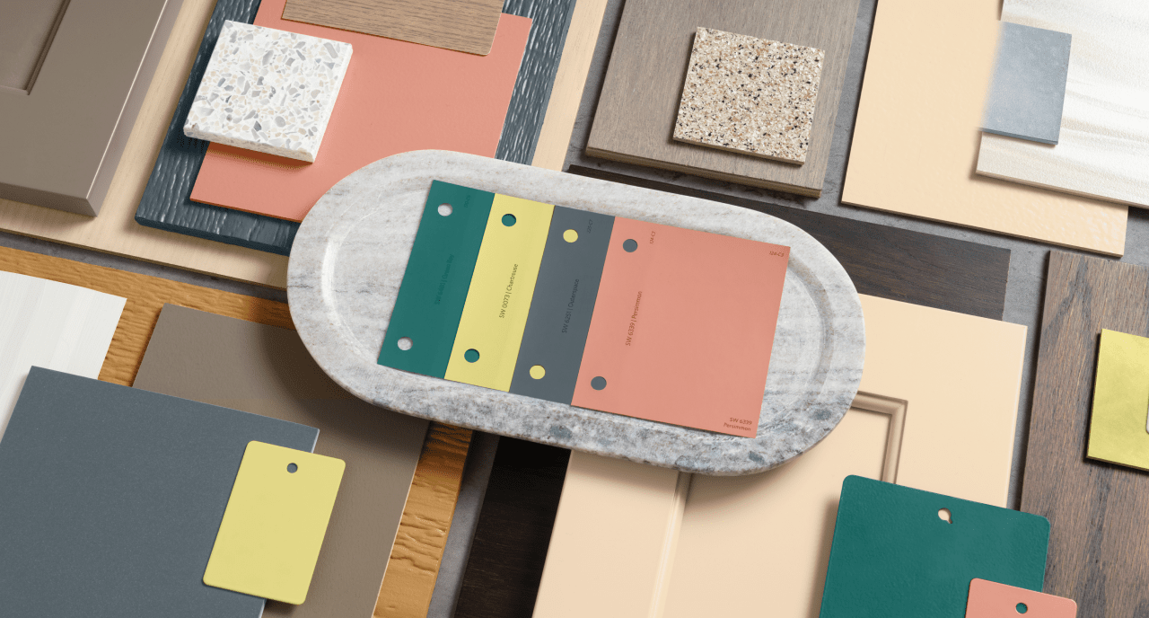 Paint and textile swatches.