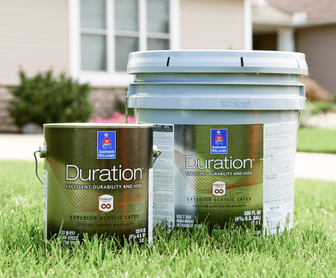 A gallon and 5 gallon bucket of Duration Paint.