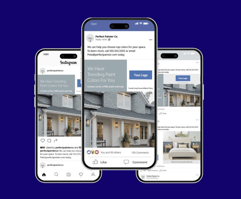 Three iPhone screens with Sherwin-Williams Customizable Marketing Materials.