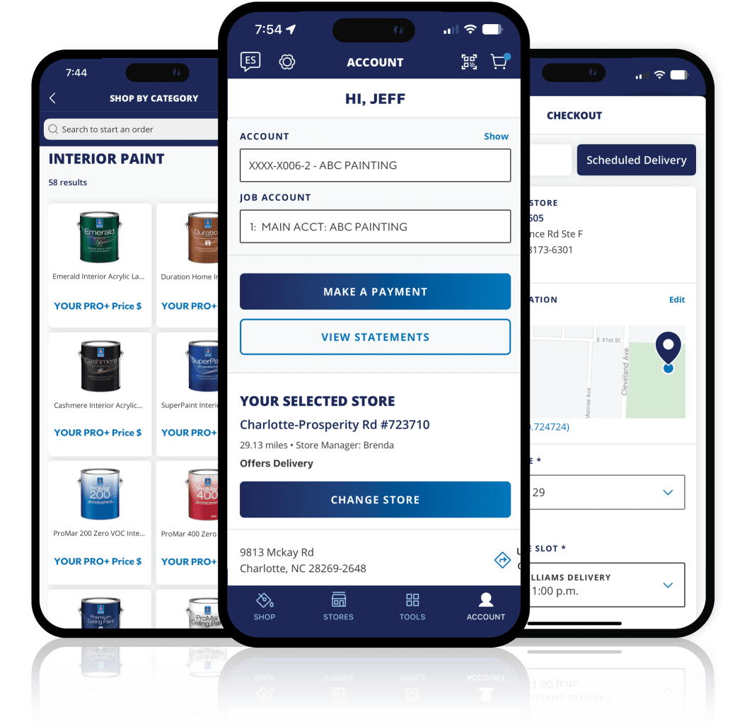 Three iPhones showcasing features of the Sherwin-Williams Pro App.