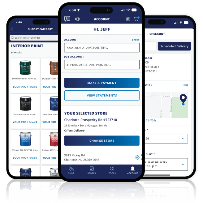 Three iPhones showcasing features of the Sherwin-Williams Pro App.
