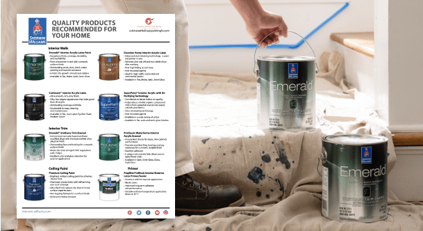 A list of quality paints recommended for your home. A person standing on a drop cloth with 2 gallons of paint cans.