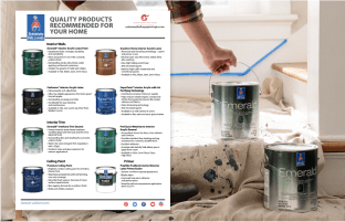 A list of quality paints recommended for your home. A person standing on a drop cloth with 2 gallons of paint cans.