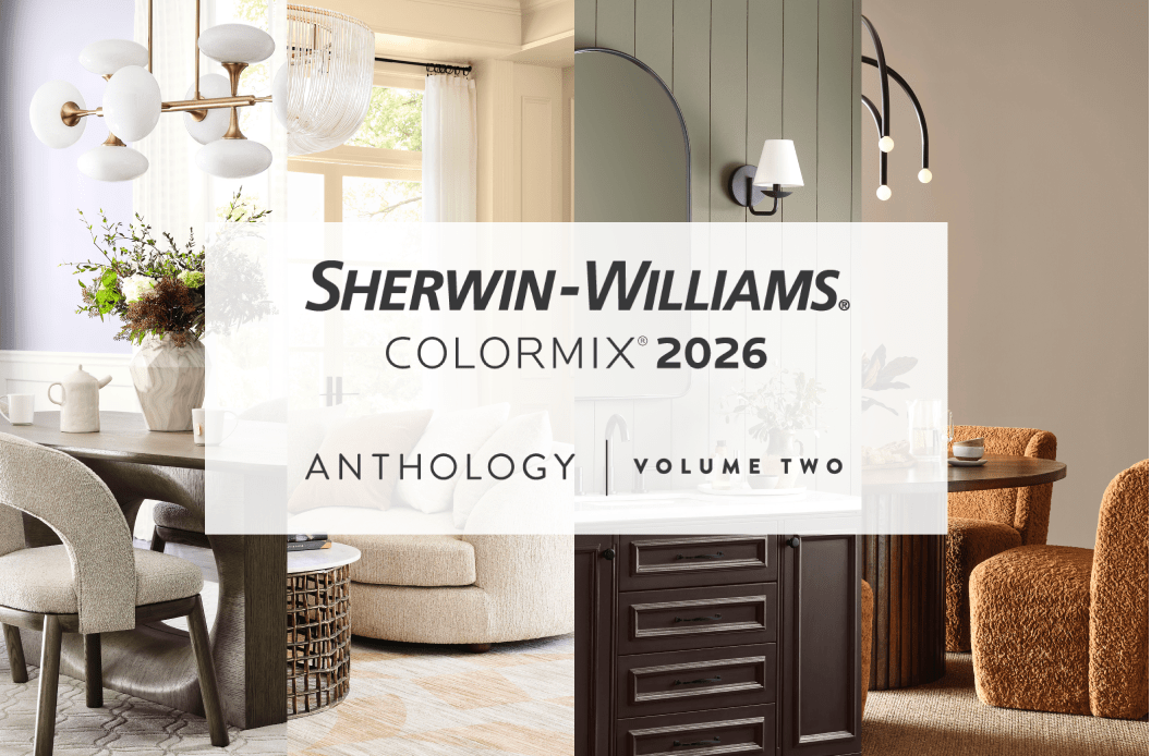 Sherwin-Williams Colormix 2026: Four interior design styles featuring modern gray dining, cozy beige living, olive green with dark wood, and warm-toned orange dining areas.