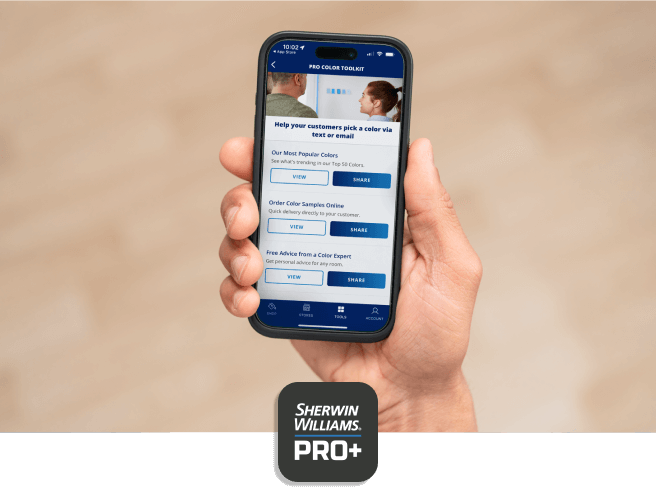 A smart phone showcasing the Pro Color Toolkit featured in the Sherwin-Williams PRO+ App.