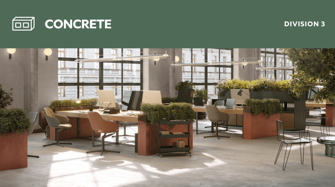 Concrete. Division 3. A concrete office space with an industrial decor.