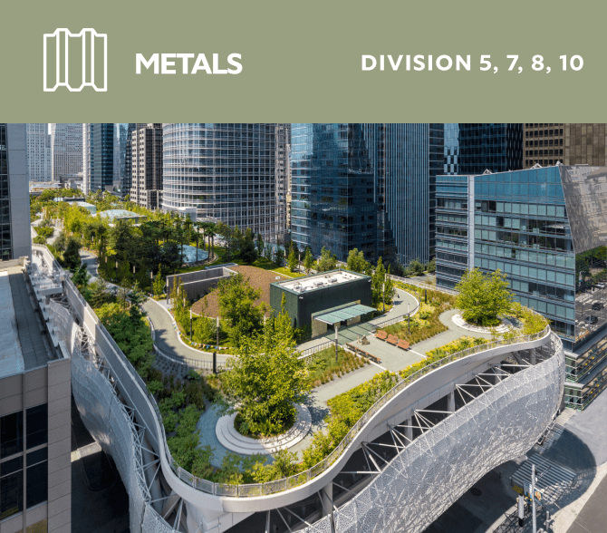 Metals. Division 5, 7, 8, 10. A rooftop park with many green trees.