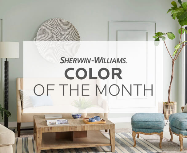 Sherwin Williams Color of the Month text over a living room with Silver Strand painted on the walls.