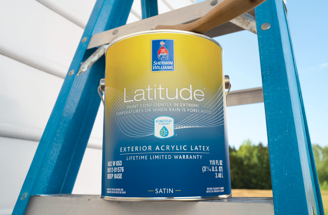 A can of Sherwin-Williams Latitude paint placed on a ladder.