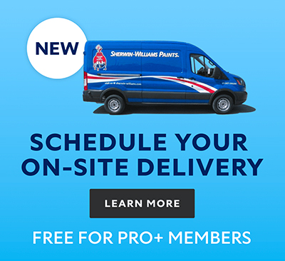 PRO+ Scheduled Delivery graphic of Sherwin-Williams delivery truck with the text "Schedule your on-site delivery. Free for PRO+ members."