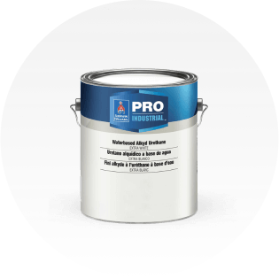 A can of Sherwin-Williams Pro Industrial waterbased alkyd urethane paint.