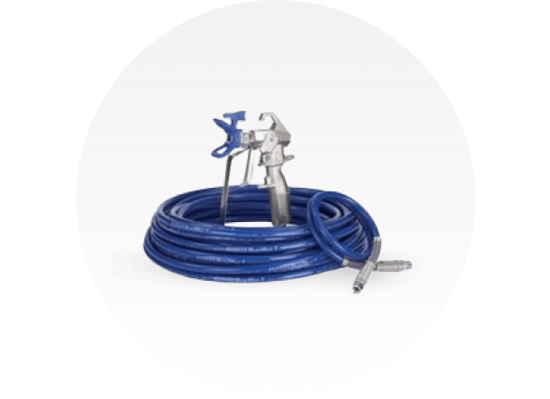 A paint sprayer with a coiled up blue hose.