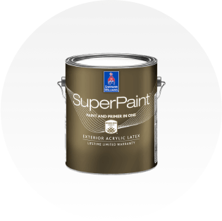 A can of Sherwin-Williams SuperPaint exterior acrylic latex paint.