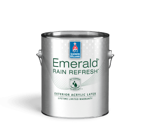A can of Emerald Rain Refresh Exterior Acrylic Latex.