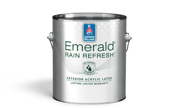 A can of Emerald Rain Refresh Exterior Acrylic Latex.