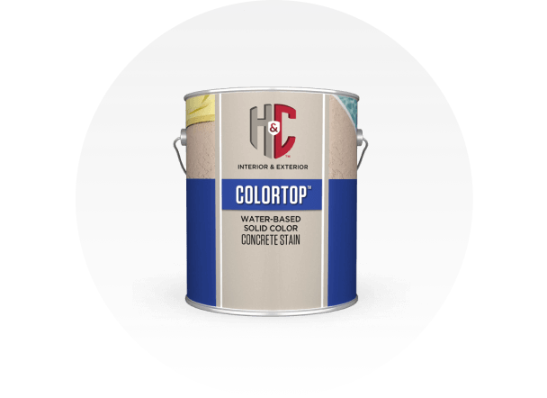 A can of H&C interior and exterior Colortop concrete stain.