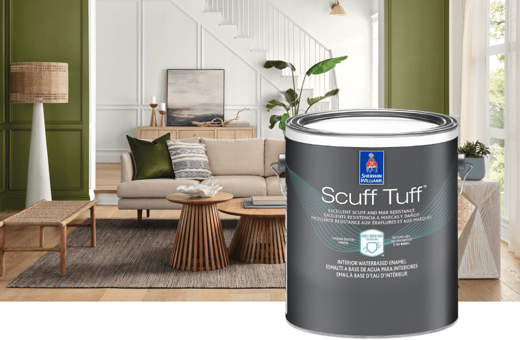 A can of Sherwin-Williams Scuff Tuff paint with a living room behind.