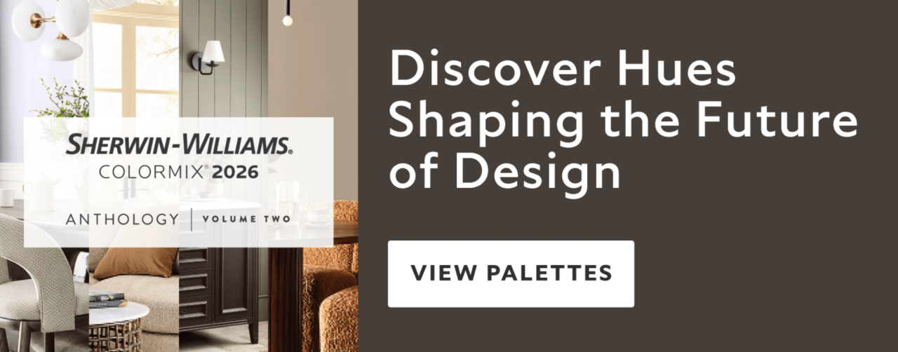 herwin-Williams Colormix 2026 Anthology Volume Two. Left side features a modern living room with neutral tones, including a gray armchair, wooden coffee table, and brown sofa. Right side has a dark brown background with white text reading 'Discover Hues Shaping the Future of Design' and a 'View Palettes' button.