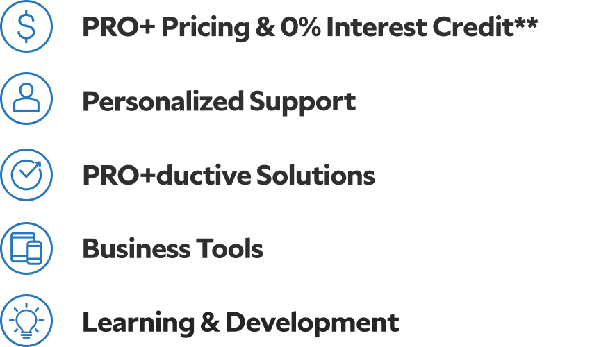 Pro plus pricing and 0% interest credit.** Personalized support. Pro+ductive solutions. Business tools. Learning and development.
