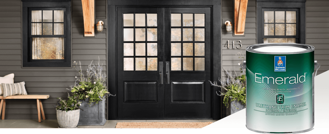 Double front doors painted black with vinyl siding and a window on each side with black painted frames.
