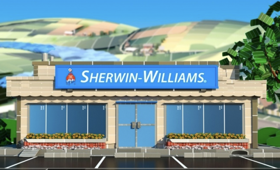 Sherwin-Williams store with paint chip landscape behind it.