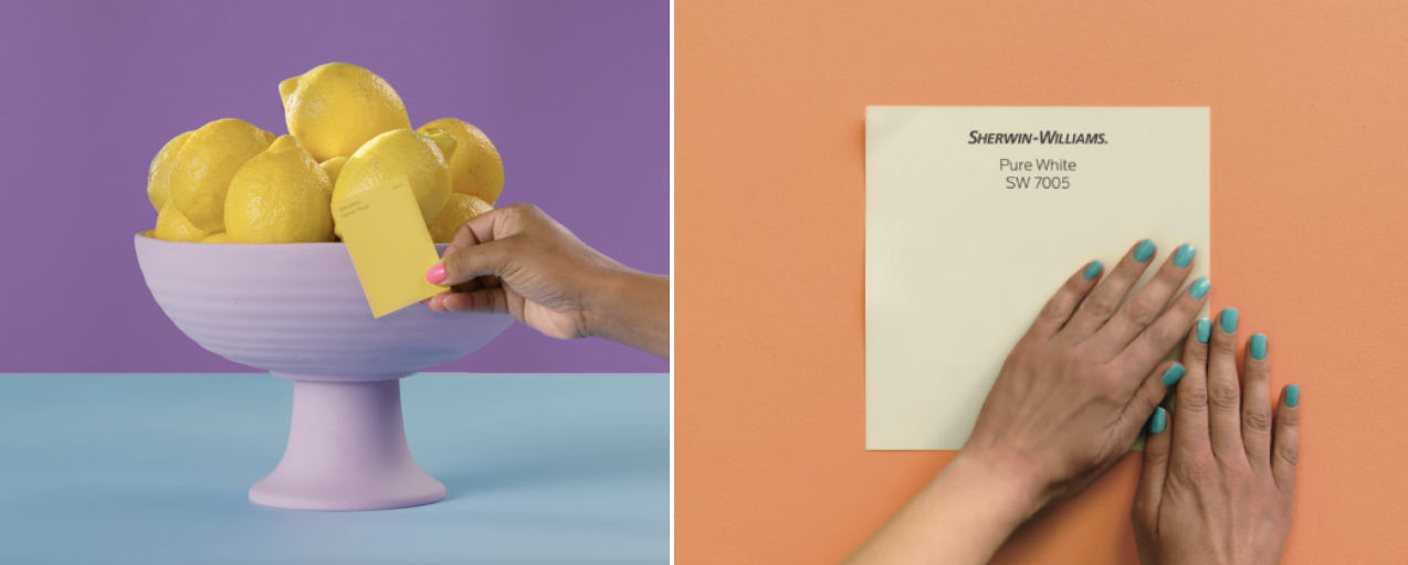 Lemons in a pedestal bowl with a yellow color chip held in front and someone applying a peel & stick sample to a wall.