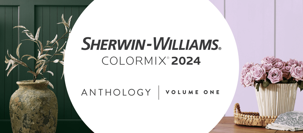 Sherwin-Williams Colormix 2024 Anthology Volume 1 with a dark green on the left and light purple on the right.