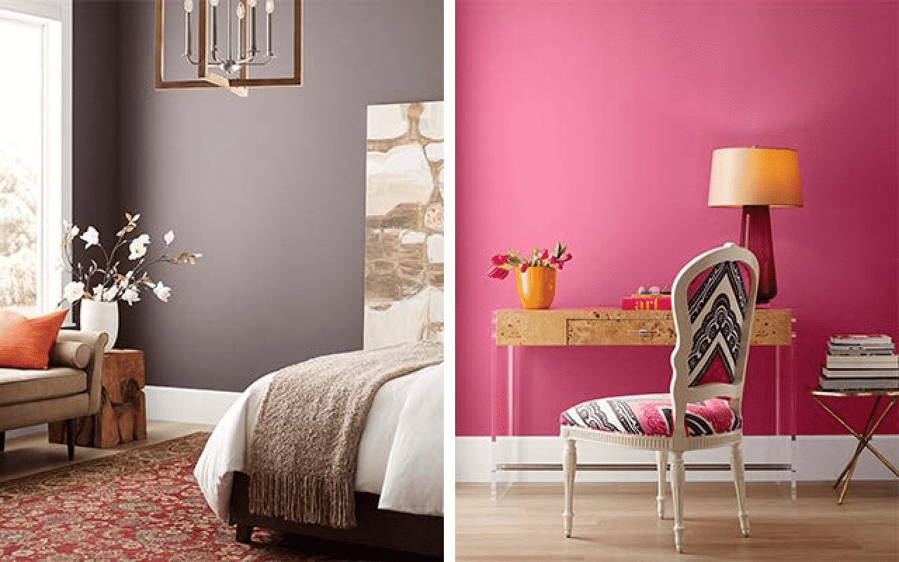 Left image: dark purple walls with edge of bed, loveseat, and some decor in frame, right image: pink walls with wooden desk and lamp and printed desk chair.